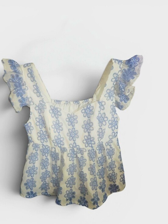 SHEIN Tops - Blue Floral Embroidered Peplum Blouse | Sweetheart Neckline